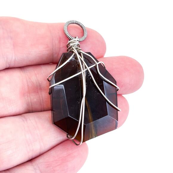 Handcrafted Wire-Wrapped Glass Pendant | Brown Geometric - Picture 1 of 6